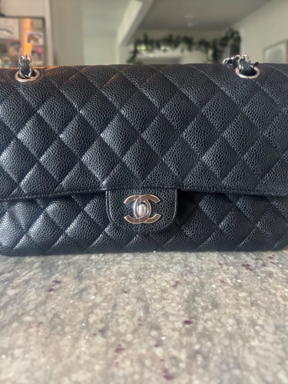 CHANEL Medium Classic Double Flap, Black Caviar Silver HW Authentic
